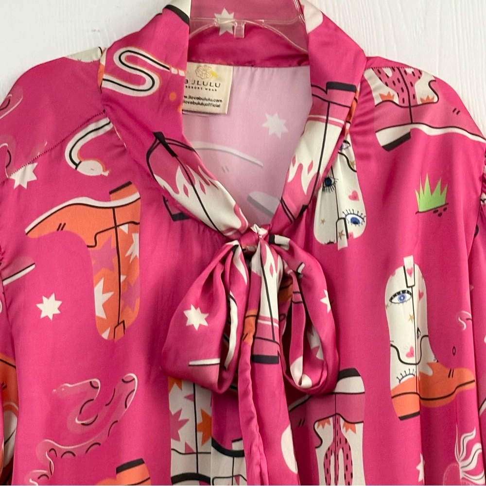 Bululu Western Print Satin Long Sleeves Pink Blouse Sz XL